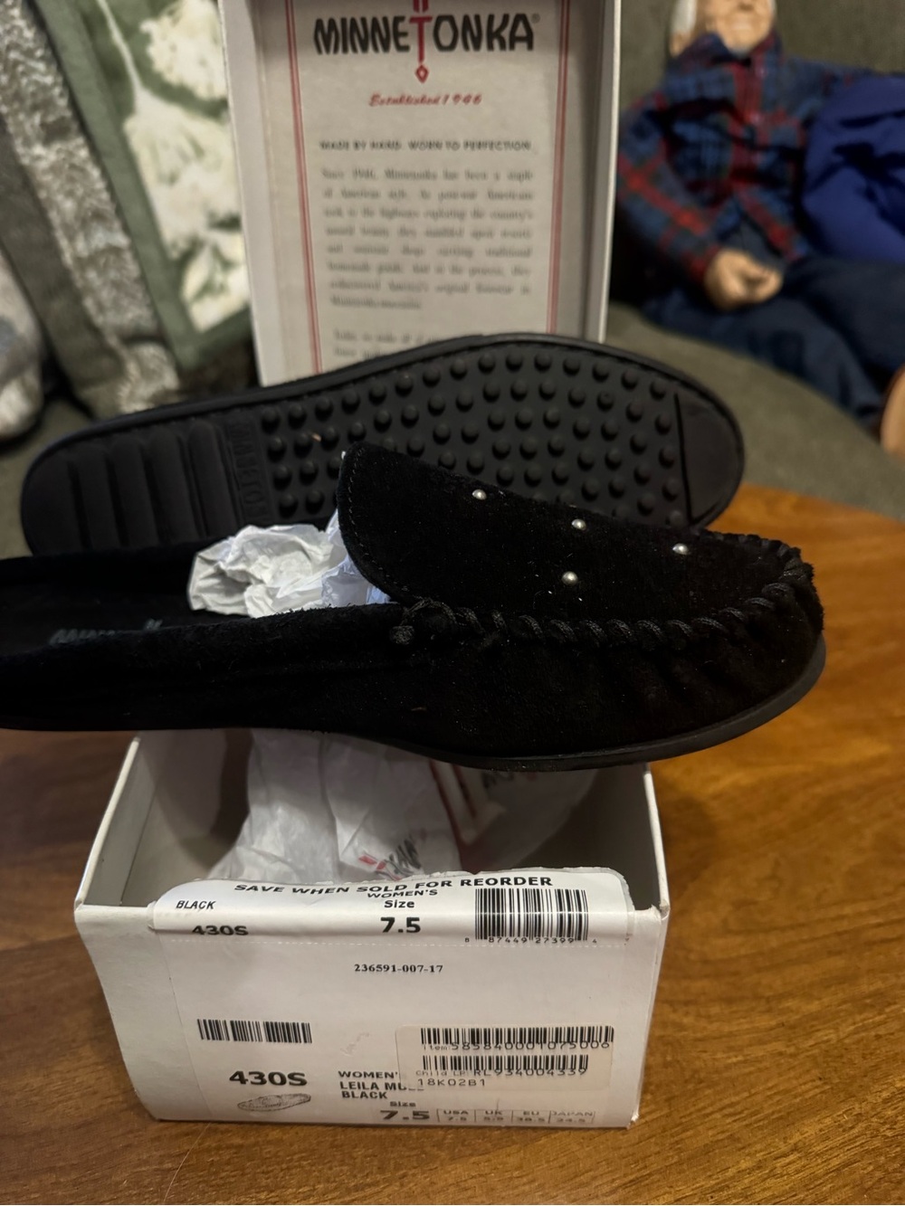 Minnetonka Black Suede Moccasin Slip-On with Stud Accents